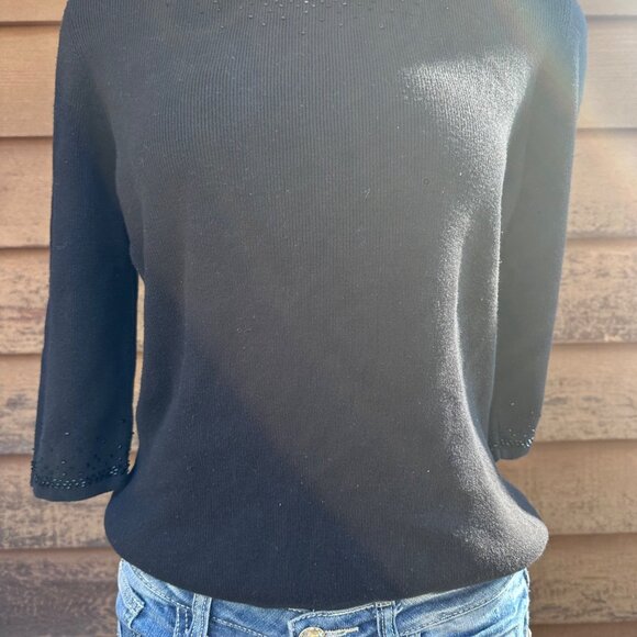 Vintage Laura Scott Petite Black Beaded Sweater L 3/4 Sleeve Acrylic & Cotton Bl - Picture 5 of 8
